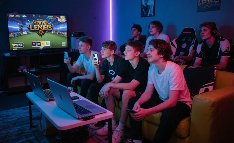 一群年轻电竞爱好者在舒适的环境中观看英雄联盟比赛直播，面前摆有笔记本电脑和手机，参与线上竞猜互动