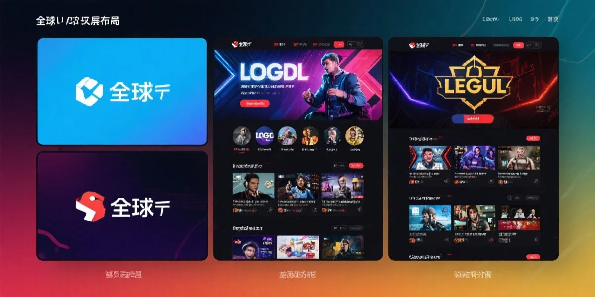 一个多屏幕布局展示全球五大LOL直播平台首页界面，突出各自特色与视觉风格