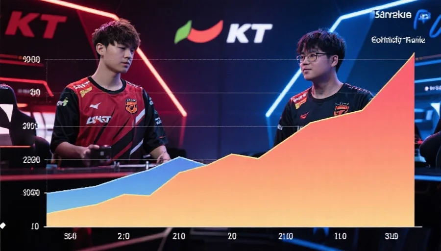 电竞比赛经济曲线图，显示两队经济差随时间变化，KT领先